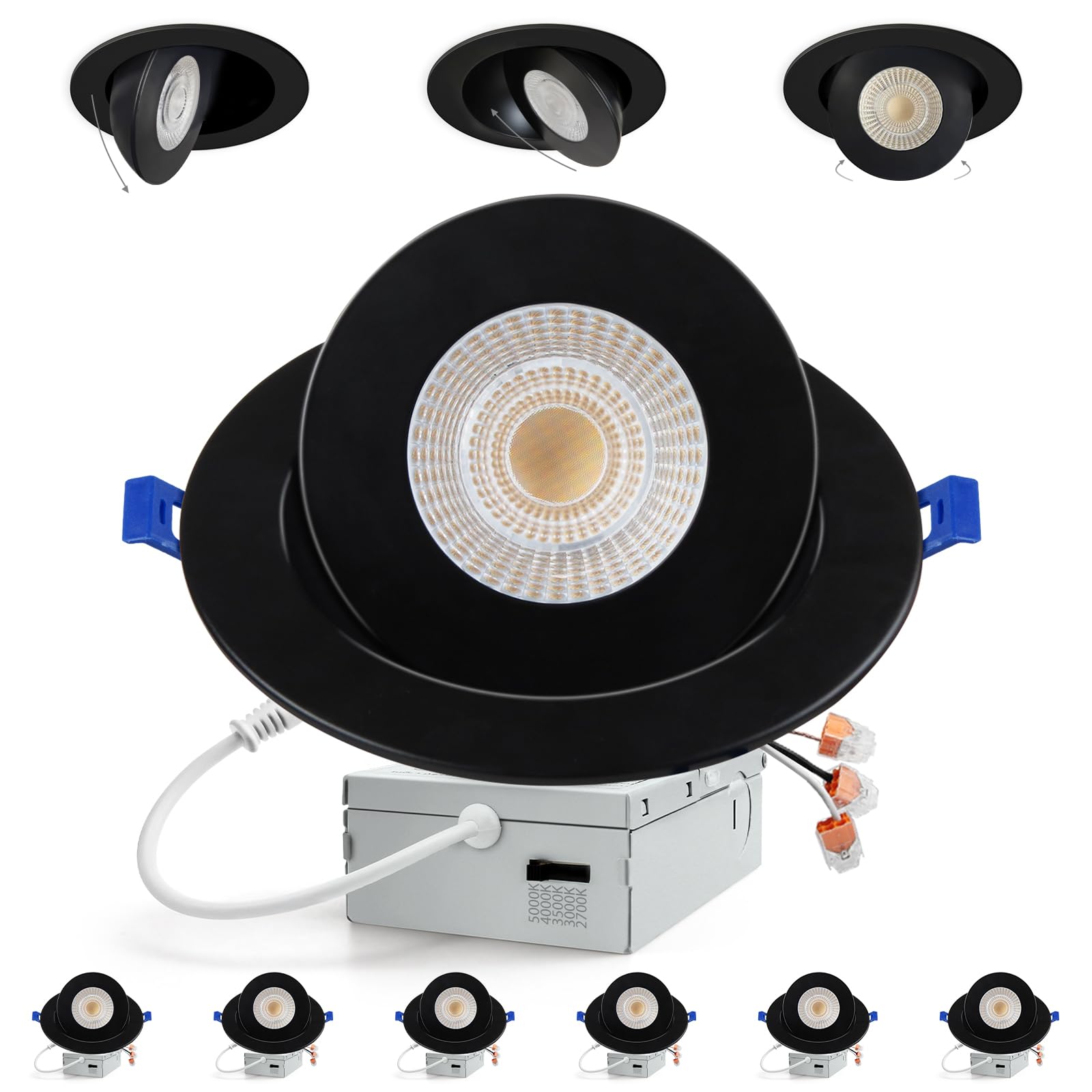 Adetu Recessed Lighting 6 inch, 360°+90° Adjustable Directional 6 inch 5CCT Gimbal Black Led Recessed Lighting, 2700K-5000K Dimmable Retrofit Eyeball