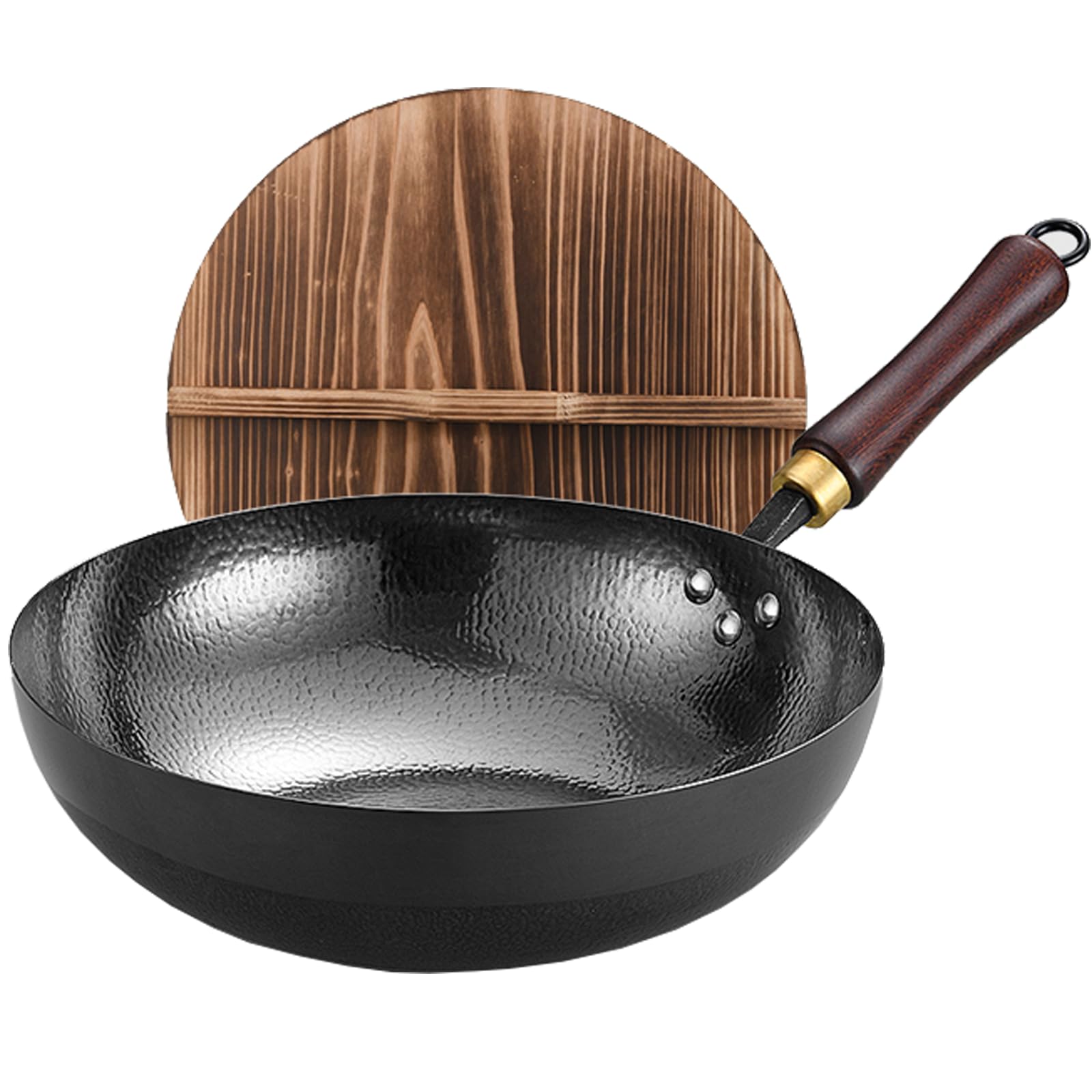 UMETRE Carbon Steel Pan, 13.5? Woks & Stir-Fry Pans with Wooden Lid Cookwares, Nonstick Wok, No Chemical Coated Flat Bottom Hand Hammered Chinese Wok For Gas