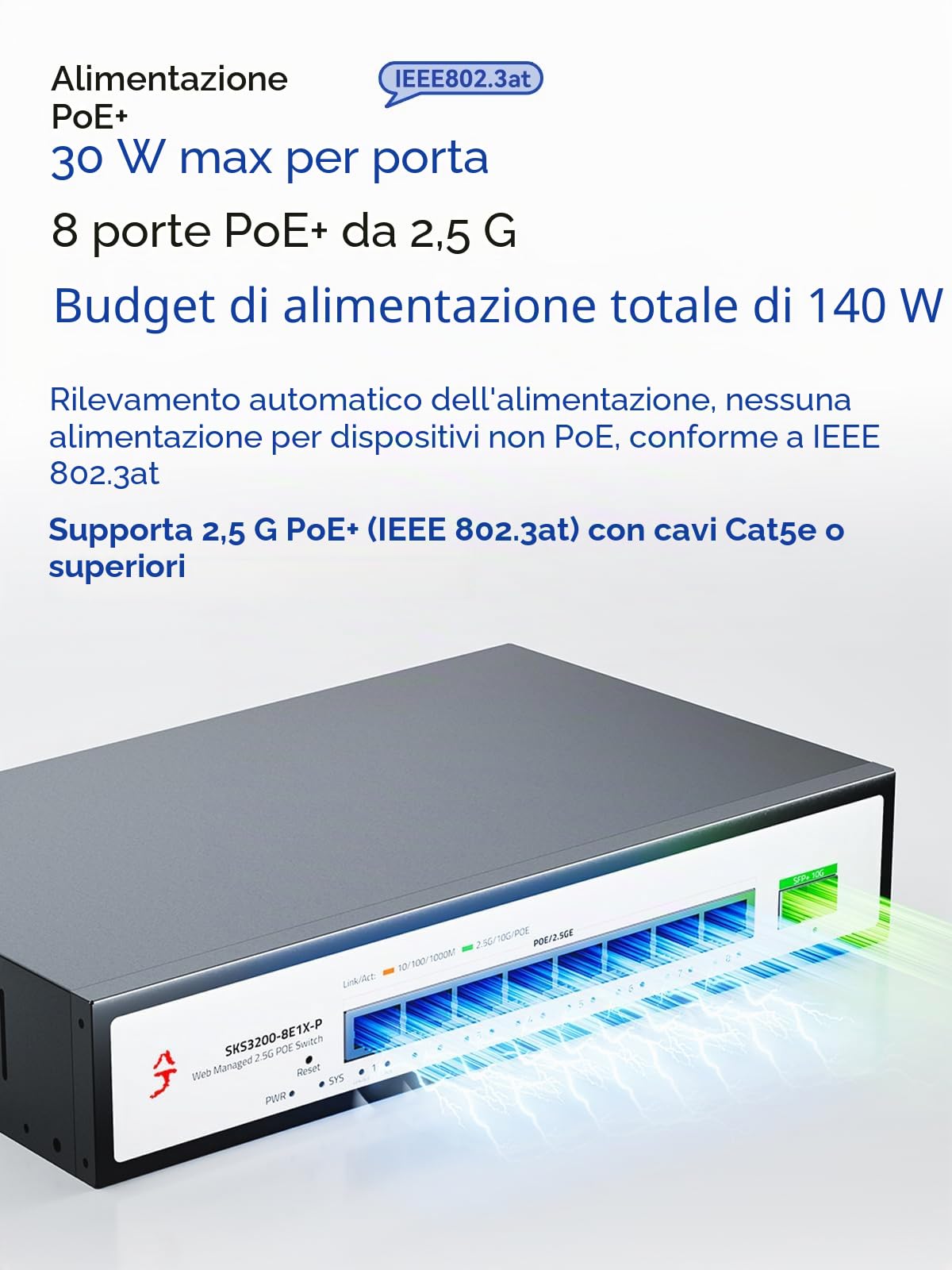 Switch XikeStor 9 Porte 2.5G PoE+ con 1x 10G SFP+ | 8 Porte PoE @30W, 140W Totale, IEEE 802.3af/at | Gestione Web, VLAN, LACP | Fanless | Per AP WiFi 6, Telecamere IP, NAS | Switch 2.5G PoE Web Managed VLAN/LACP/QoS/IGMP, per WiFi 6 AP, telecamera IP, NAS