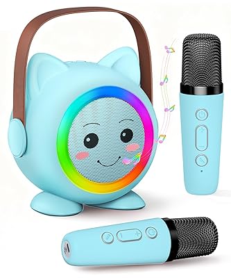 Mini Karaoke Machine Toy for Kids, Portable Karaoke Machine with 2 Wireless Microphone for 4,5,6,7,8,9,10,11,12+ Years Old Christmas Birthday Gifts Girls Boys (Blue)
