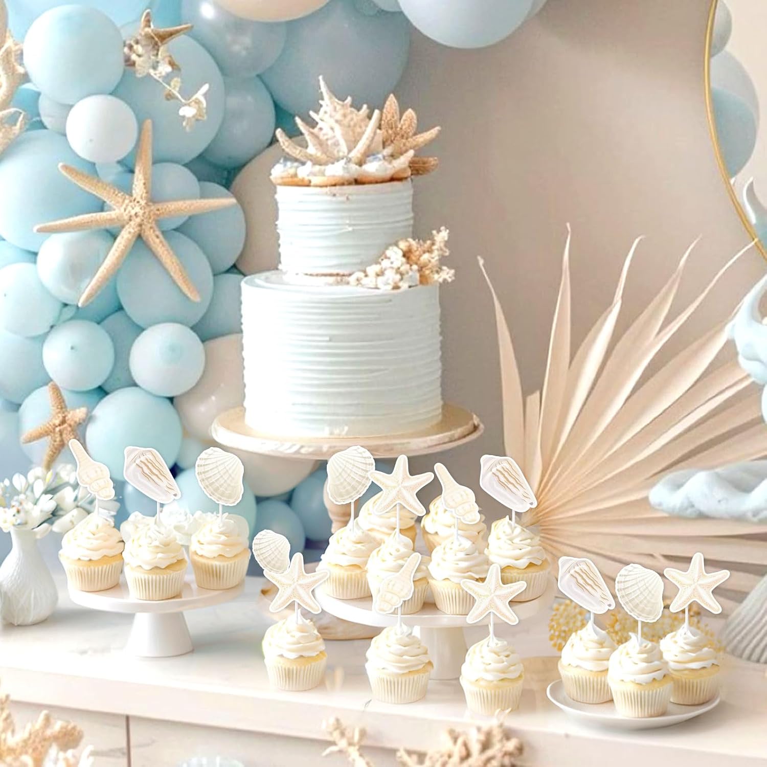 Sea Shell Cupcake Topper Beach Shell Birthday Decorations 24Pcs Beach Seashell Cake Decor Seashell Starfish Birthday Summer Ocean Coastal Bachelorette Decor for Under The Sea Bridal Shower