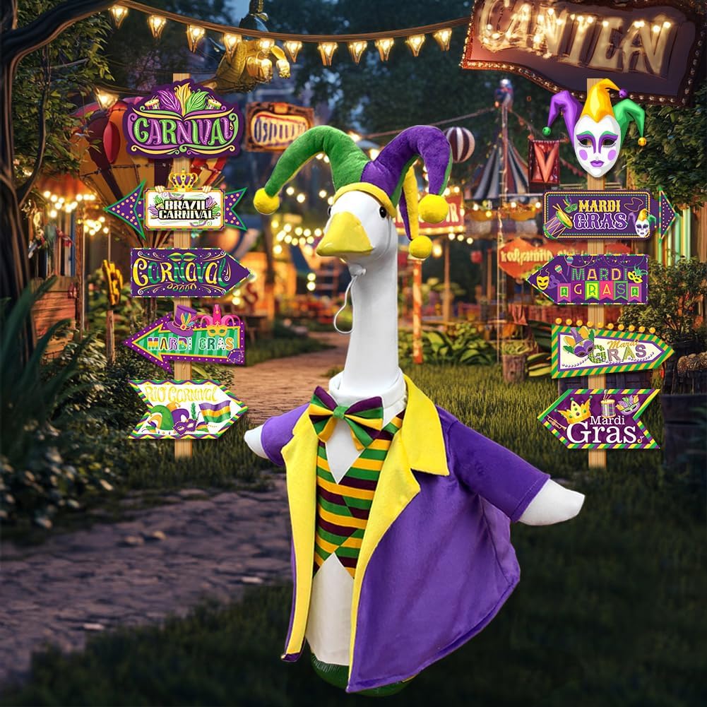 Mardi Gras Goose Outfit for Porch Goose Statue 23 inch Cement Lawn Porch Goose Costume Clothes Accessories Set Jester Hat and Suit with Arms (Mardi Gras)