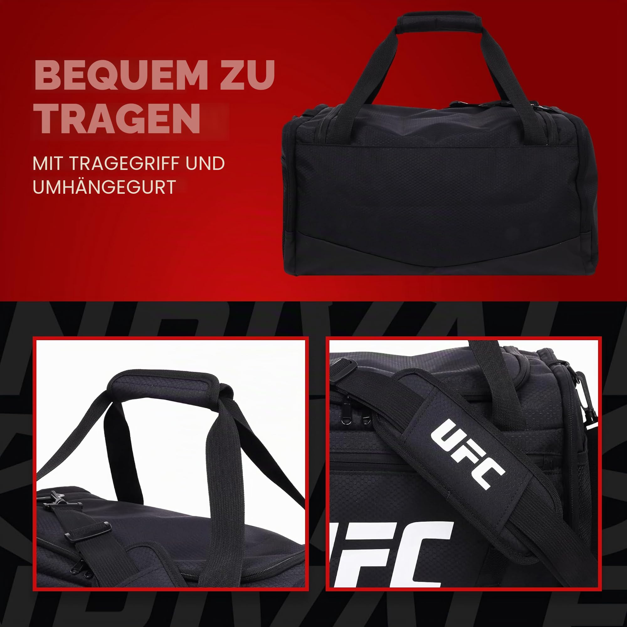 UFC Turnbeutel, 45,7 cm, Handgepäck, mittlere Reisetasche, Reisetasche für Damen und Herren, Schuhfach, MMA-Trainingsgeräte und Sportzubehör, Schwarz