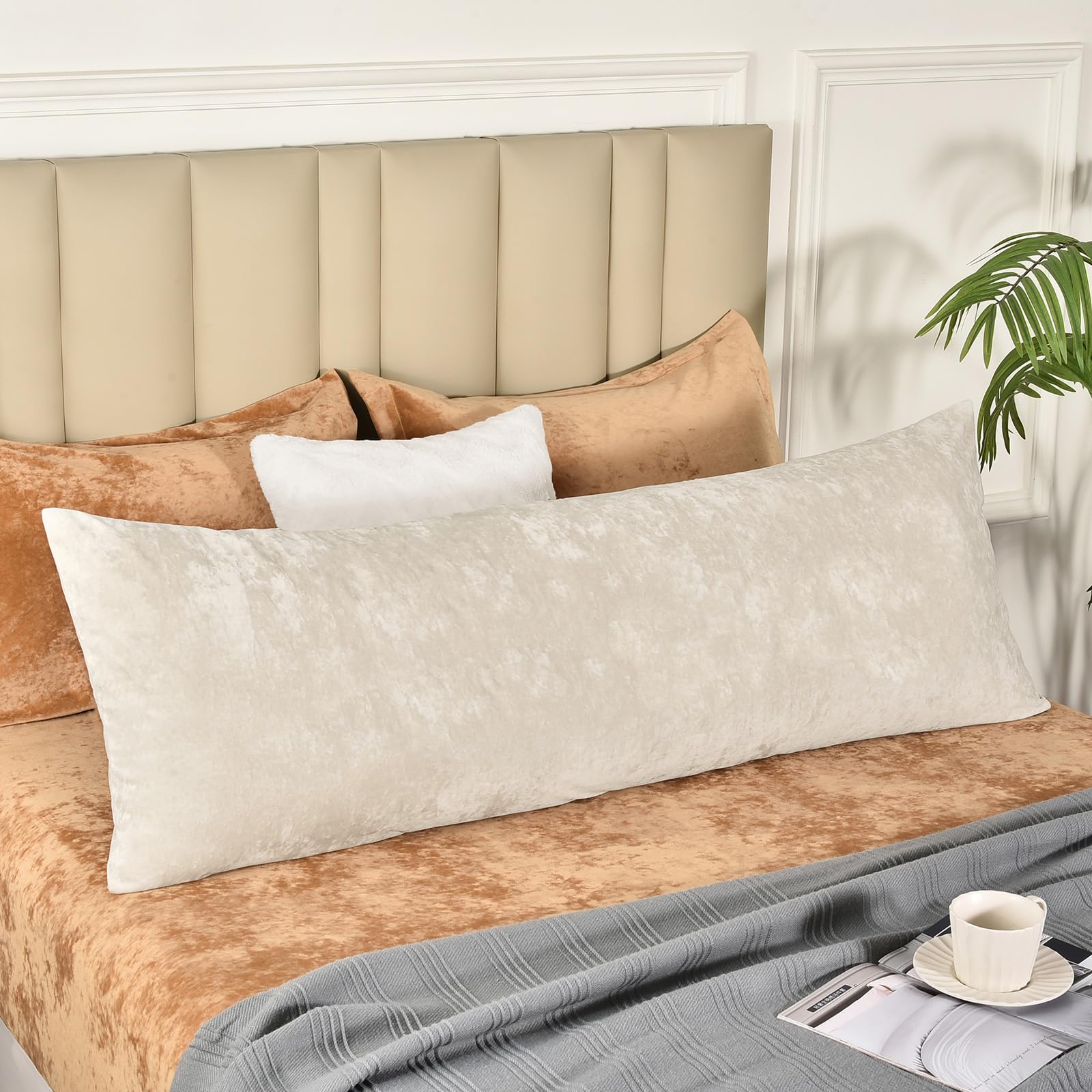 phf truly velvet zippered body pillowcase, no insert, 1 pack ultra soft breathable pillow sham cover with zipper, 20"x 54" long luxury cozy warm fuzzy flannel body pillow case, sand