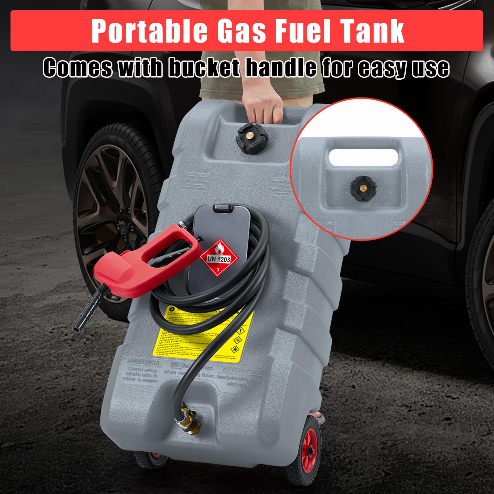 Bidon d'essence 57 litres avec Pompe de Transfert, réservoir Portable équipé de roulettes et Tuyau de 3 mètres, Conception Anti-fuide pour Voitures, tondeuses et Bateaux en Couleur Grise