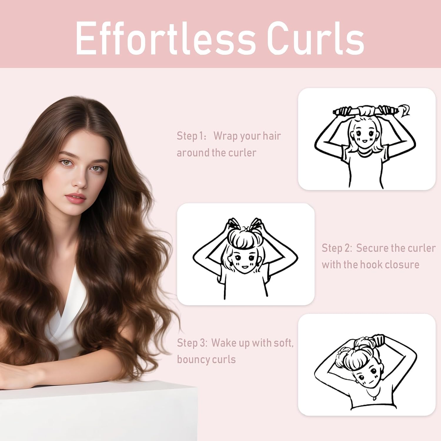 Heatless Hair Curler Set, 4 Pcs Satin Hair Rollers with 1 Brown Shower Cap, No Heat Curling Rods, Soft Sleep in Curlers for Natural Waves and Bouncy Curls, Hair Styling Tools for Women