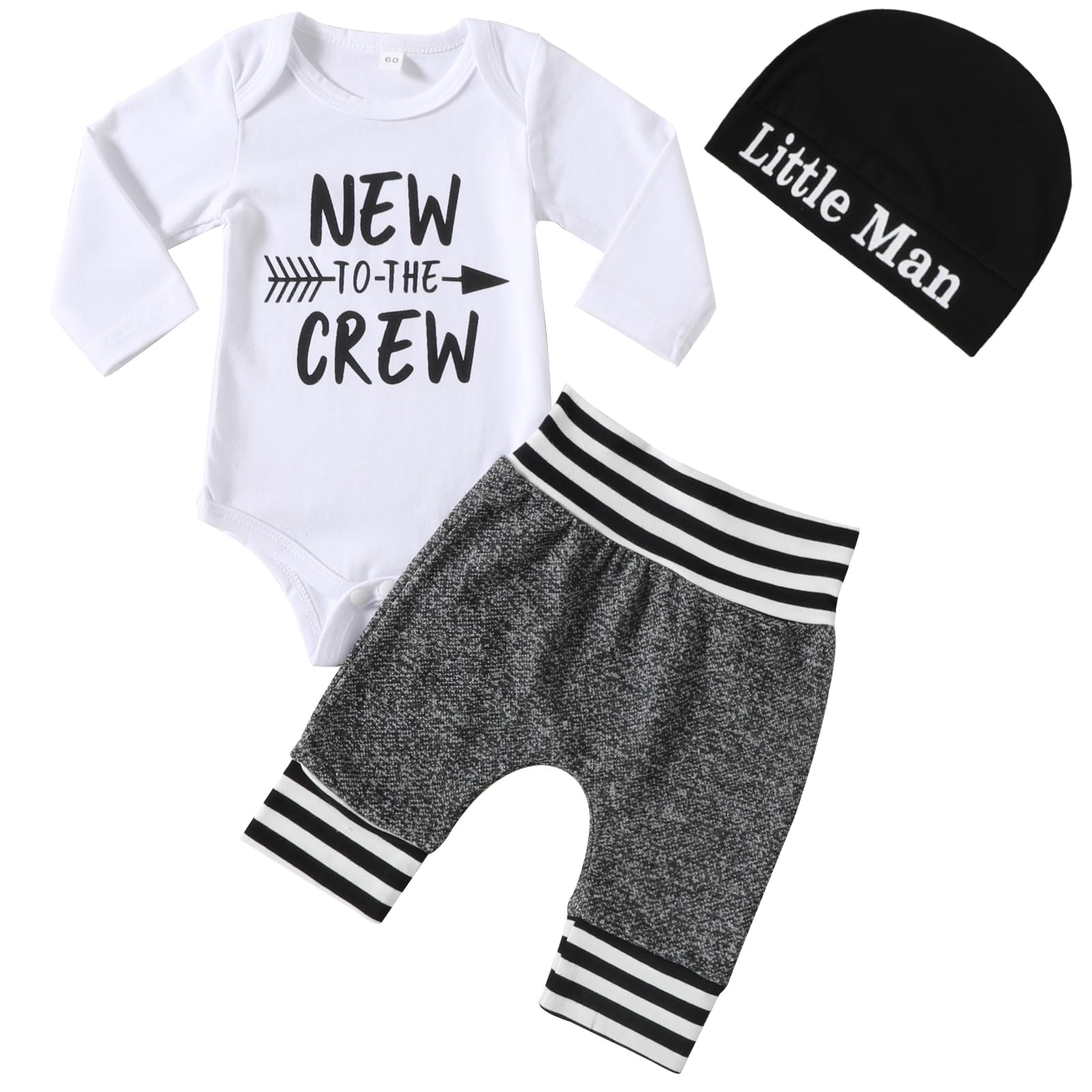 Photo 1 of *Bundle Items 2 Pack* NARPLO Newborn Baby Boy Clothes Infant Newborn Boy Clothes Letter Print Romper + Pants + Hat 3PCS Outfit Set Baby Bodysuit