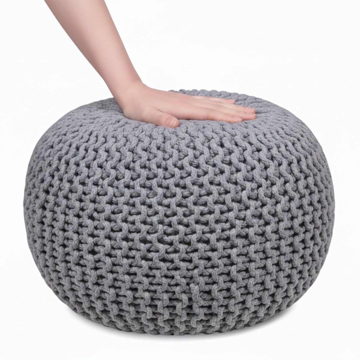 Sapphire Collection Handmade Chunky Knitted Pouffe Footstool – Large Round Ottoman in 100% Cotton for Living Room, Foot Rest & Occasional Seating (Silver)