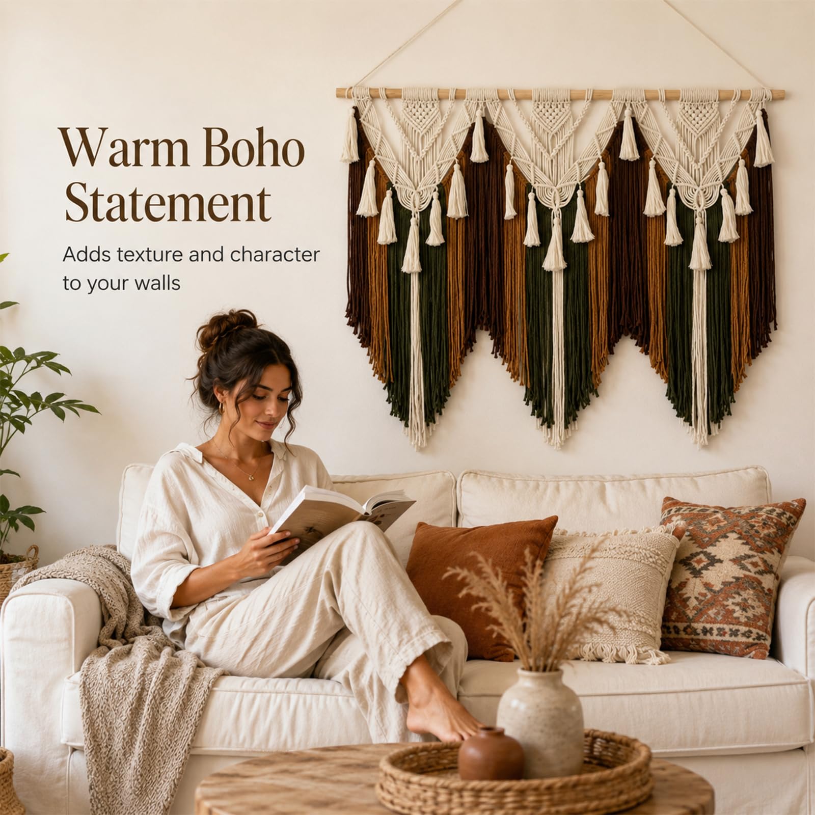 Macrame Colgante de Pared Grande Tapiz Boho Chic Tejido Algodón con Barra