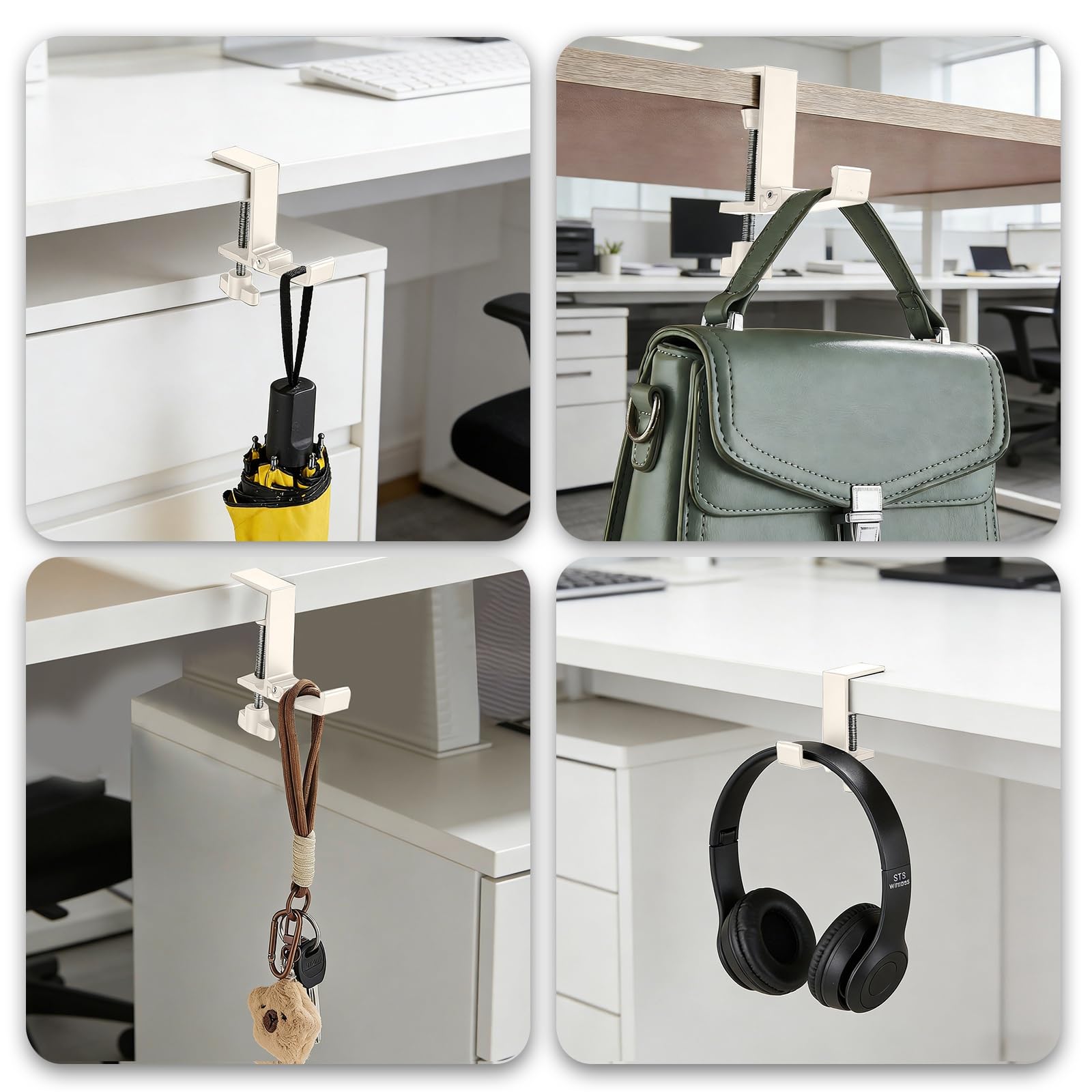 Pack de 4 soportes para auriculares, soporte ajustable para auriculares y ganchos para auriculares, plegable, abrazadera de mesa sin taladrar para auriculares, bolsa, llaves (beige)
