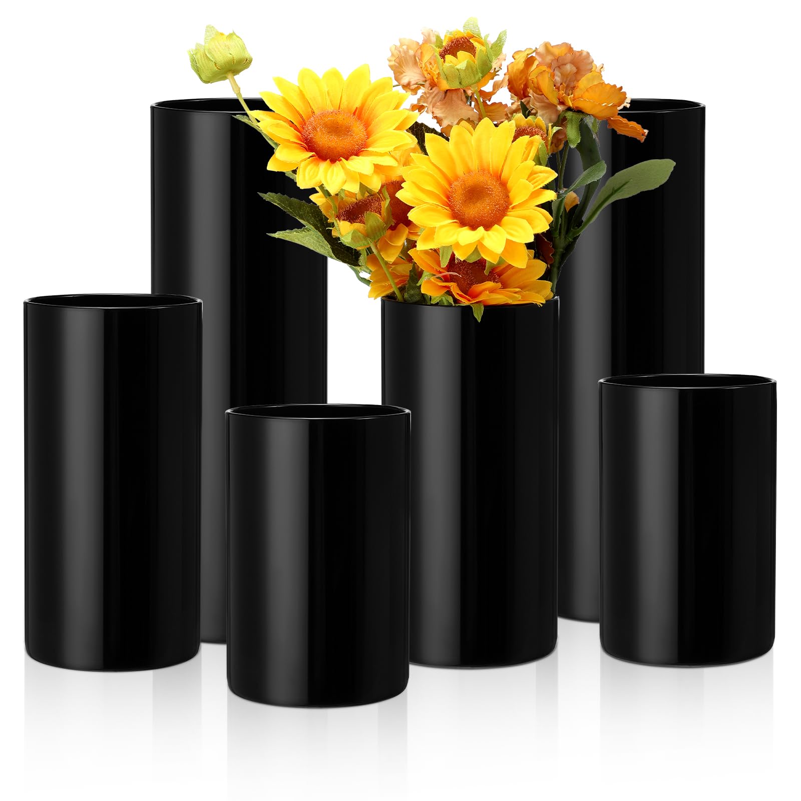 Black Glass Cylinder Vases Glass Flowers Vase (H: 6'' 8'' 12''; D: 4'') Tall Glass Vase Hurricane Floating Modern Candle Holder Vase for Home Wedding Formal Dinner Party Centerpiece Decoration (6 pCS)