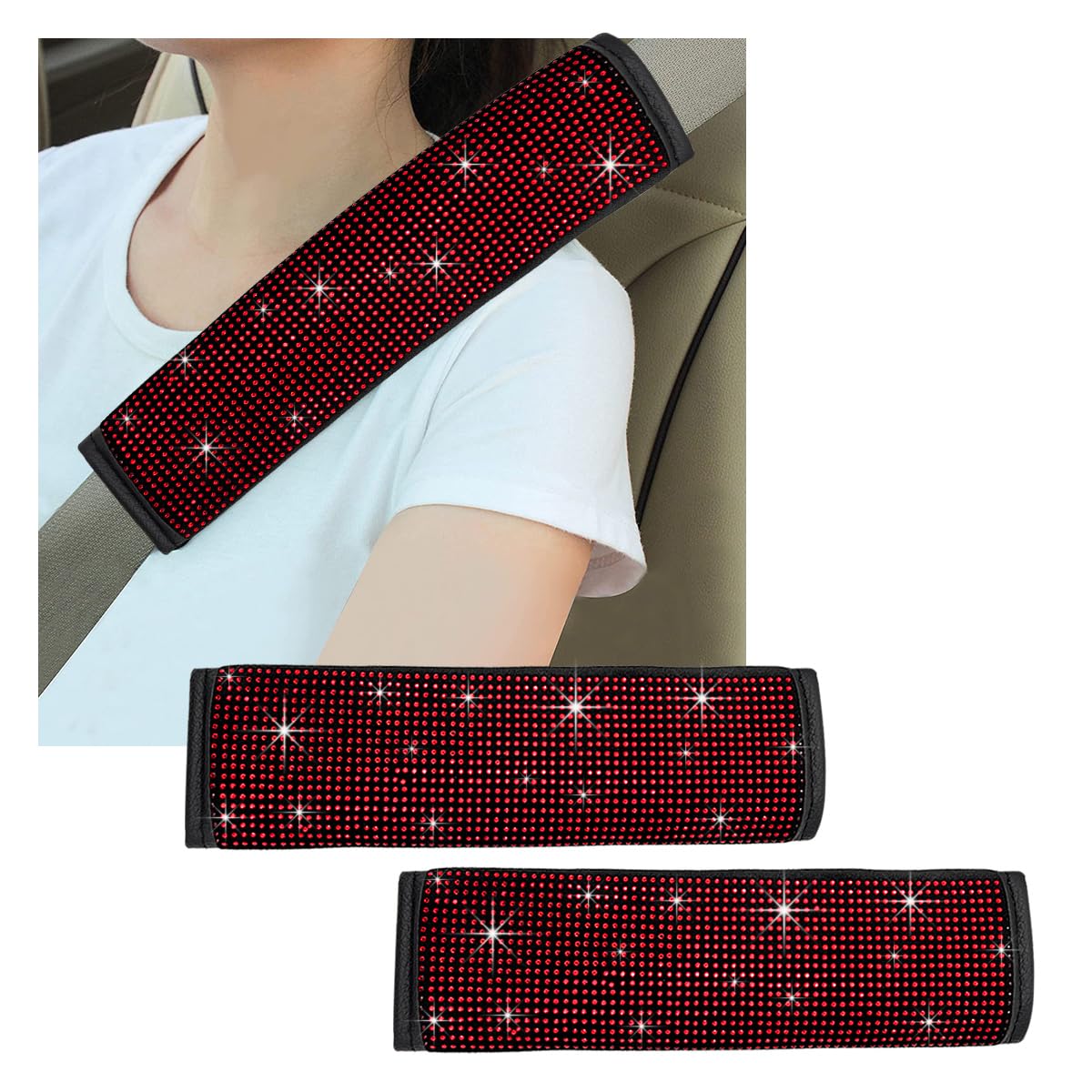 Gasedin 2 PCS Bling Car Seat Belt Cover, Sparkle Leather Seat Belt Pads with Rhinestone, Diamonds Glitter Seatbelt Cushions for Women Girl, Universal