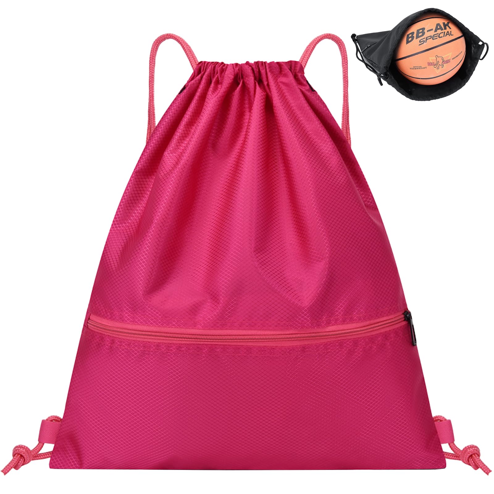 Drawstring Bags, Drawstring Gym Bag, Waterproof Oxford Cloth PE Bags with Mesh Pockets, School Girls Boys Backpack Swimming Bag with Outside Zipper, Sports Yoga Beach Football for Women Men(Rose Red)