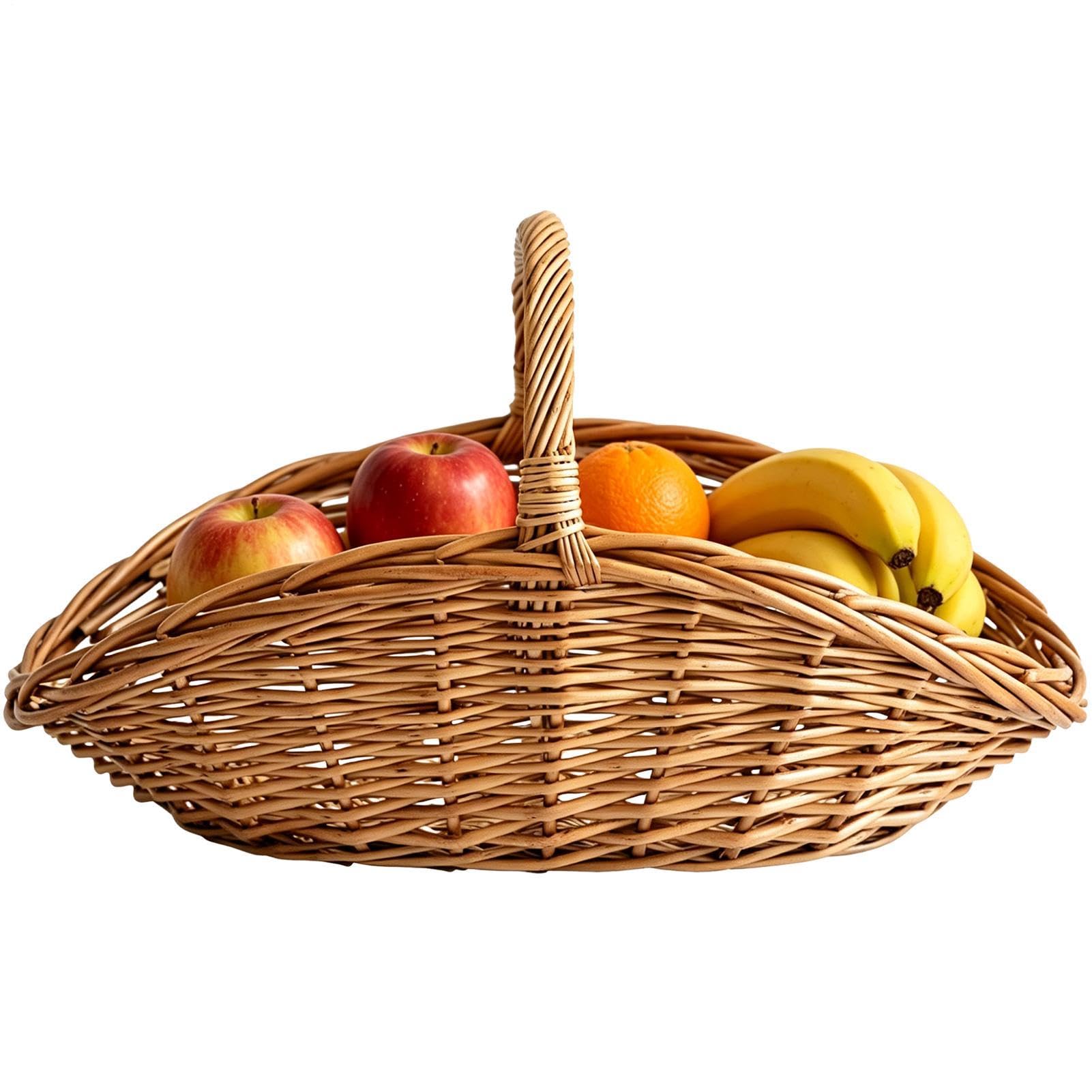 Cesto per frutta, 37 x 23 x 6 cm, ovale, con manico, grandi cestini da portata naturali, per raccogliere verdure, fiori, bancone, decorazione, picnic, cucina, tavolo