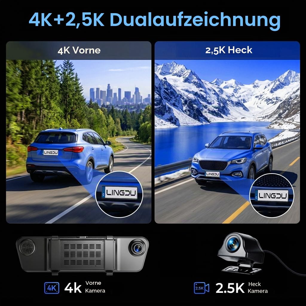 LD4K Max Spiegel-Dashcam 4K Frontkamera 1080p Rückkamera STARVIS 2 Sensor 5,8 GHz WLAN ADAS Sprachsteuerung Nachtsicht 128 GB Speicherkarte
