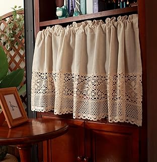 A.Monamour Short Rustic Beige Cotton Linen Curtain for Small Window - Hollow Crochet Lace Semi Transparent Cabinet Door Window Treatment Valance Half Tier for Kitchen Bedroom - Buy now