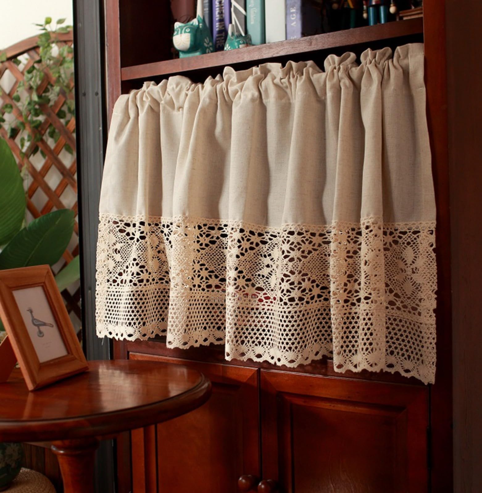 Rideau Demi-long Pour Petite Fenêtre - Style Campagne En Coton Lin, Beige, Dentelle, Passe-tringle | Brise-vue Cuisine Café