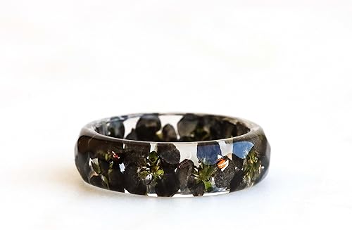 Miniatura 2 de Faceted Resin Ring with Black Alyssum Flowers and Gold/Silver/Copper Flakes, Nature Inspired Jewelry, Real Flowers Inside