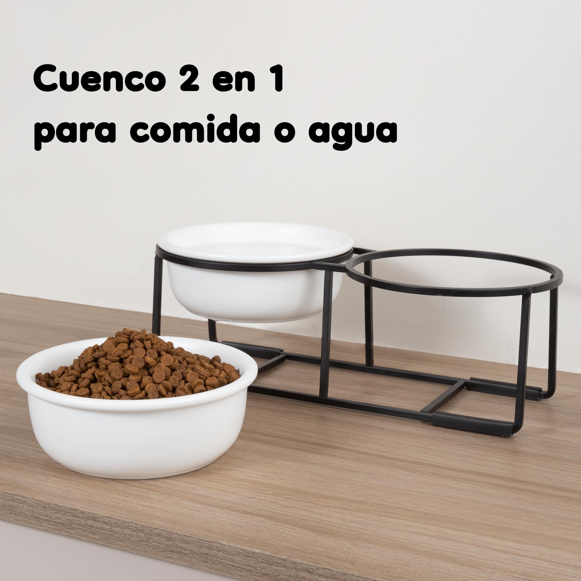 Comedero Perro Elevado de Cerámica - Juego de Cuenco Perro con Soporte de Metal Antideslizante - Comedero y Bebedero Perro - Platos para Perros - Bol Doble para Cachorros y Gatos - 2 x 375 ml - Blanca