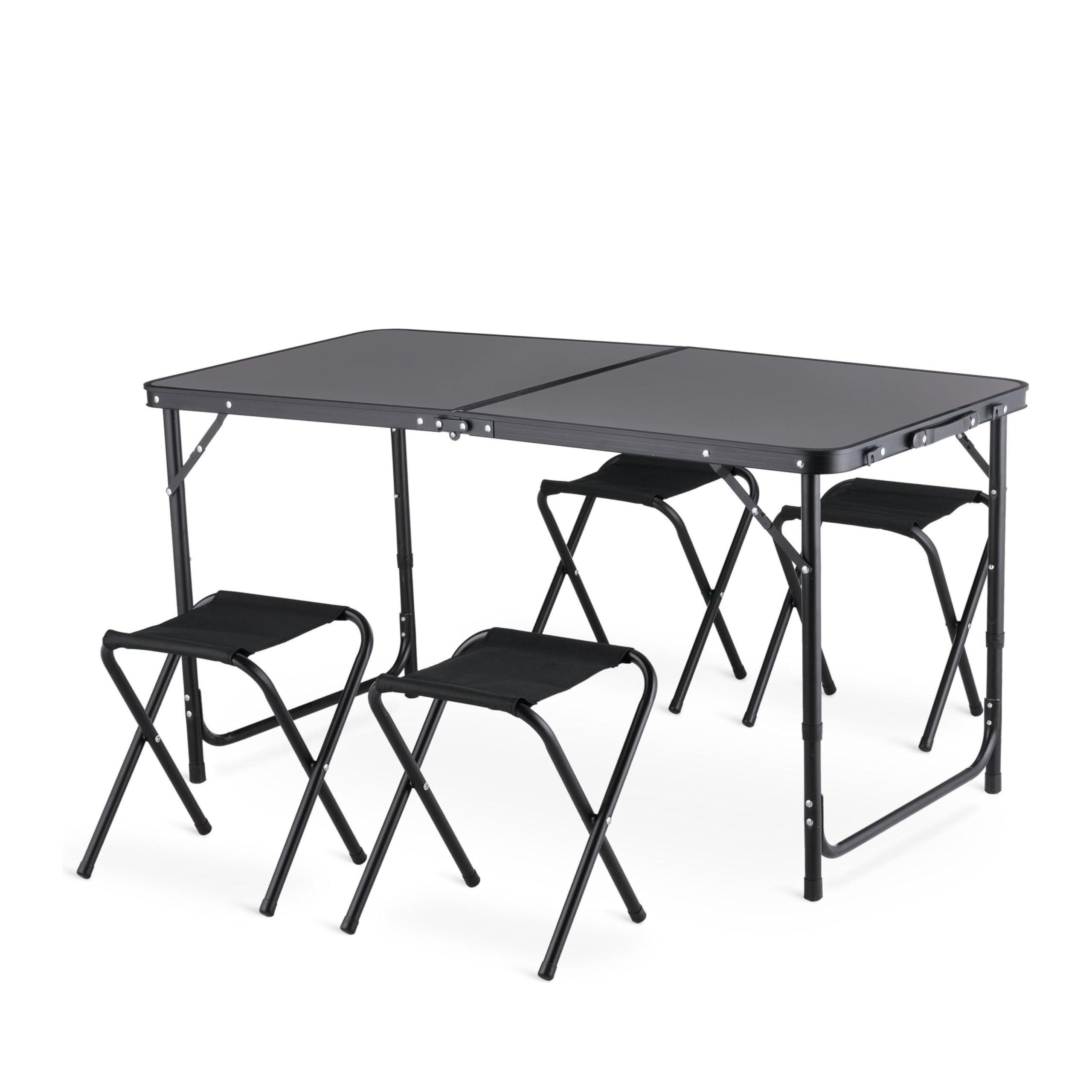 Tavolo da Campeggio con 4 Sedie, Altezza Regolabile, Tavolo Barbecue Pieghevole Portatile 120 x 60 cm, Tavolo Pieghevole in Alluminio con 4 Sgabelli Pieghevoli per Campeggio, Picnic, Barbecue Giardino