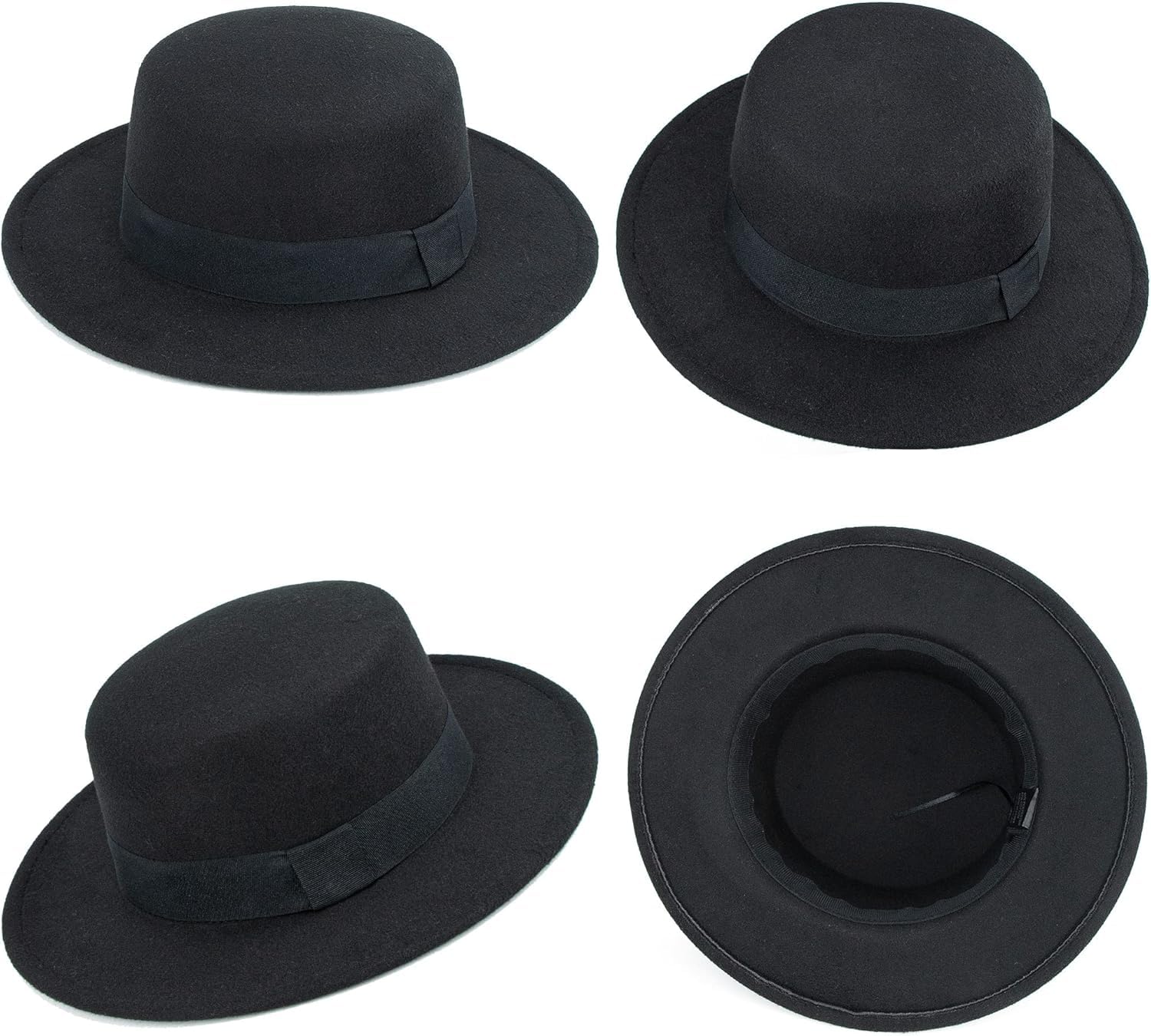 Wide-Brim Flat-Top-Pork-Pie-Hat Boater-Hat Felt-Panama-Fedora-Hat for Women Men Black