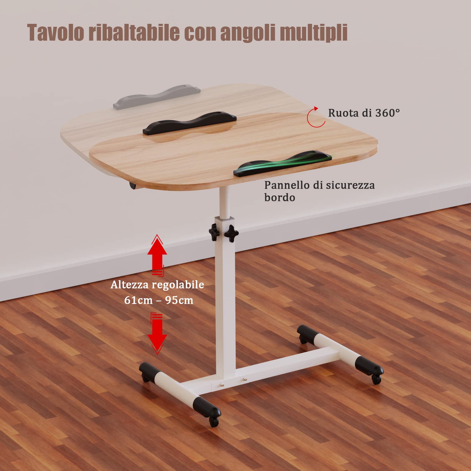 Tavolino da Letto con 4 Ruote, Scrivania per Computer con Ruote, Regolabile in altezza e in inclinazione, Struttura in Metallo, per Soggiorno Camera da Letto Ufficio 60x40x61-95cm