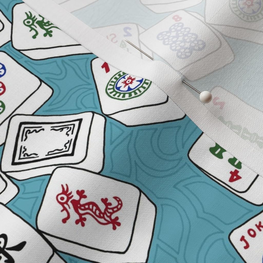 Spoonflower Fabric - Mahjong Tiles Game Aqua Background Chinese Gambling Printed on Petal Signature Cotton Fabric by The Yard - Sewing Quilting Apparel Crafts Decor