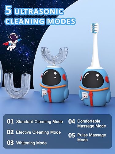Miniatura 2 de FTOYIN Cepillo de dientes eléctrico en forma de U para niños con 3 cabezales de cepillo, 5 modos, recordatorio inteligente, astronautas de dibujos