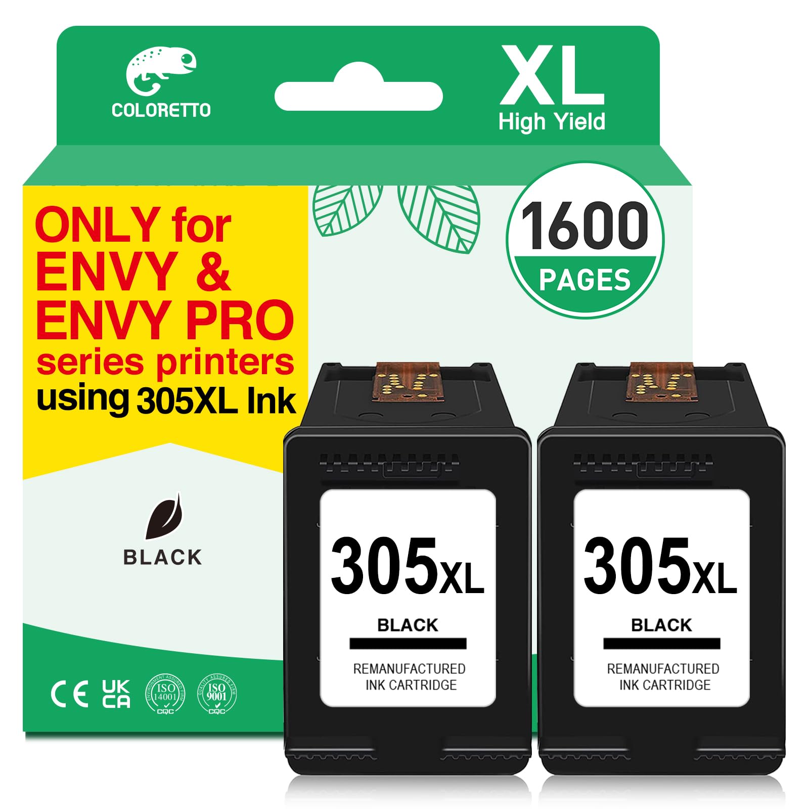 COLORETTO 305 XL Ink for HP 305 Black Ink Cartridges for HP Envy 6420e 6020e 6400 6430 6000 6010e 6020 6022 6022e 6030e 6032 6032e 6034 6050 600 24 60 55e 6058 6075 Ink Printer for HP 305XL