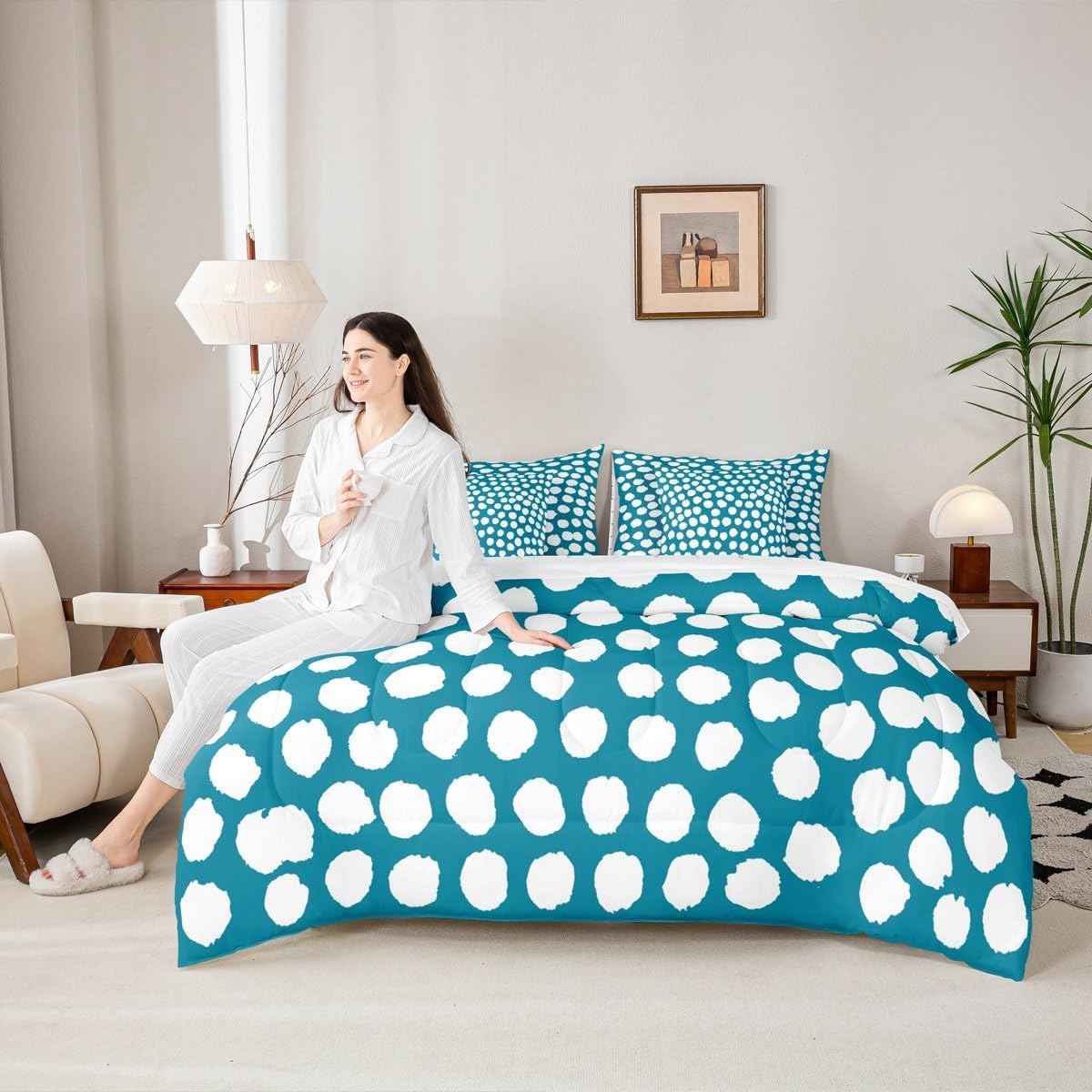 Turquoise Polka Dot Queen Comforter Set Minimalists Boho Modern Bed in a Bag with Flat and Fitted Sheet Watercolor Aesthetic 7-Piece Bedding Set Graffiti Geometric Abstract Quilt Duvet Sets