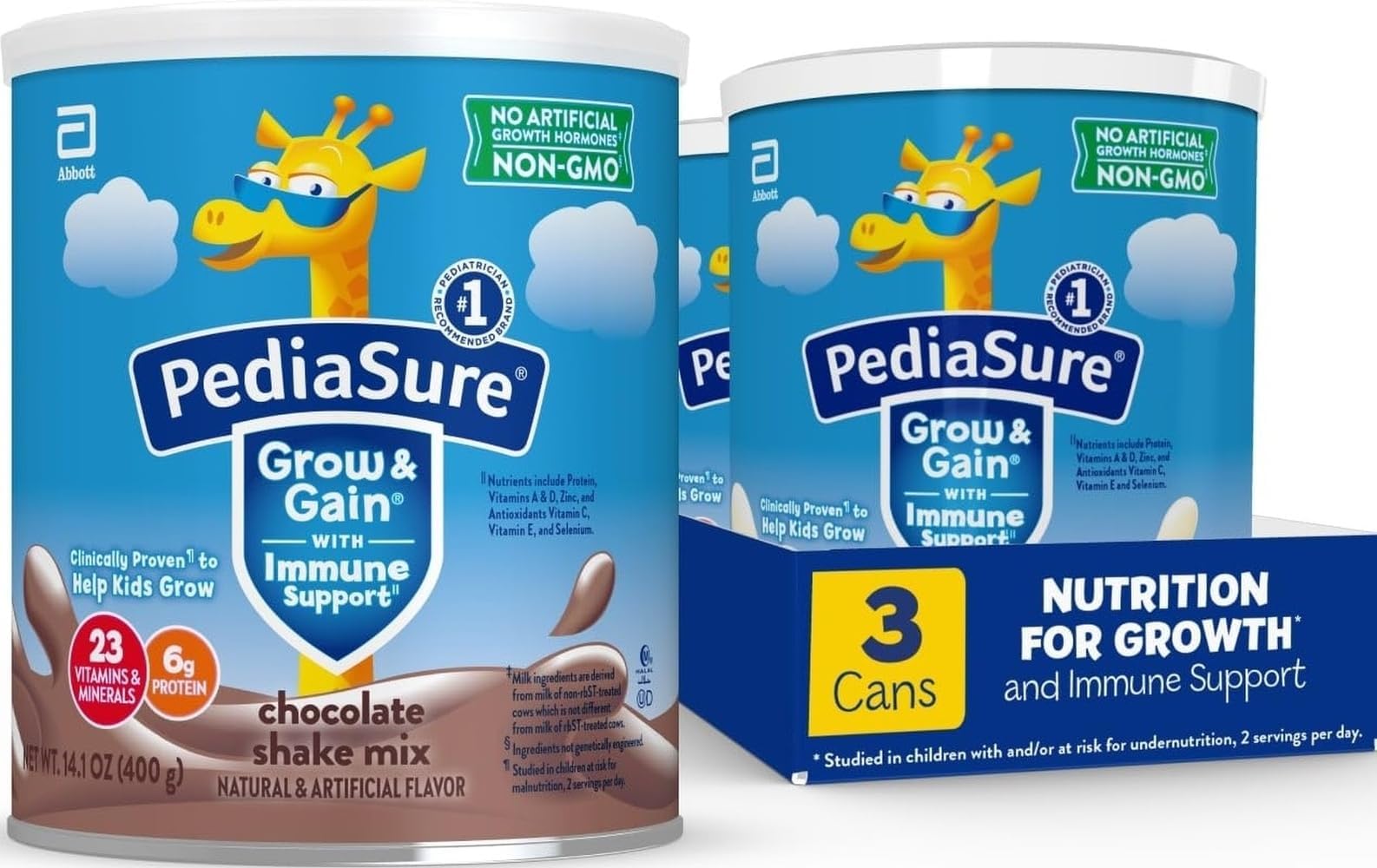 PediaSure Grow & Gain Shake Mix, 6g Protein, Chocolate, 14.1 oz Can, 3pk