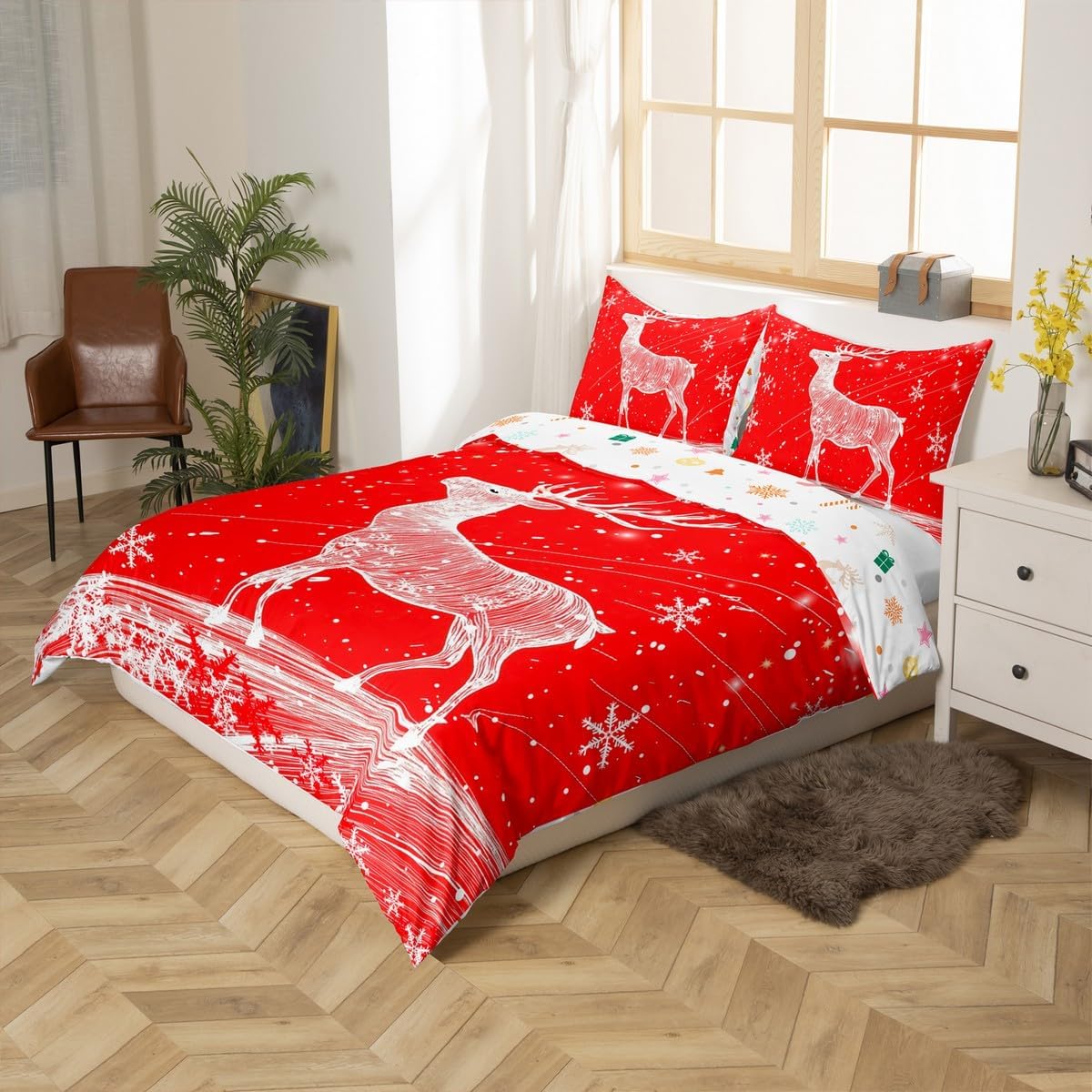 Cute Deer Bedding Set Toddler Size,Red White Snowfalke Duvet Cover Set 2Pcs for Kids Girls Boys Room Decor,Merry Christmas Comforter Cover Gingerbread Candy Reversible Quilt Cover,1 Pillowcase