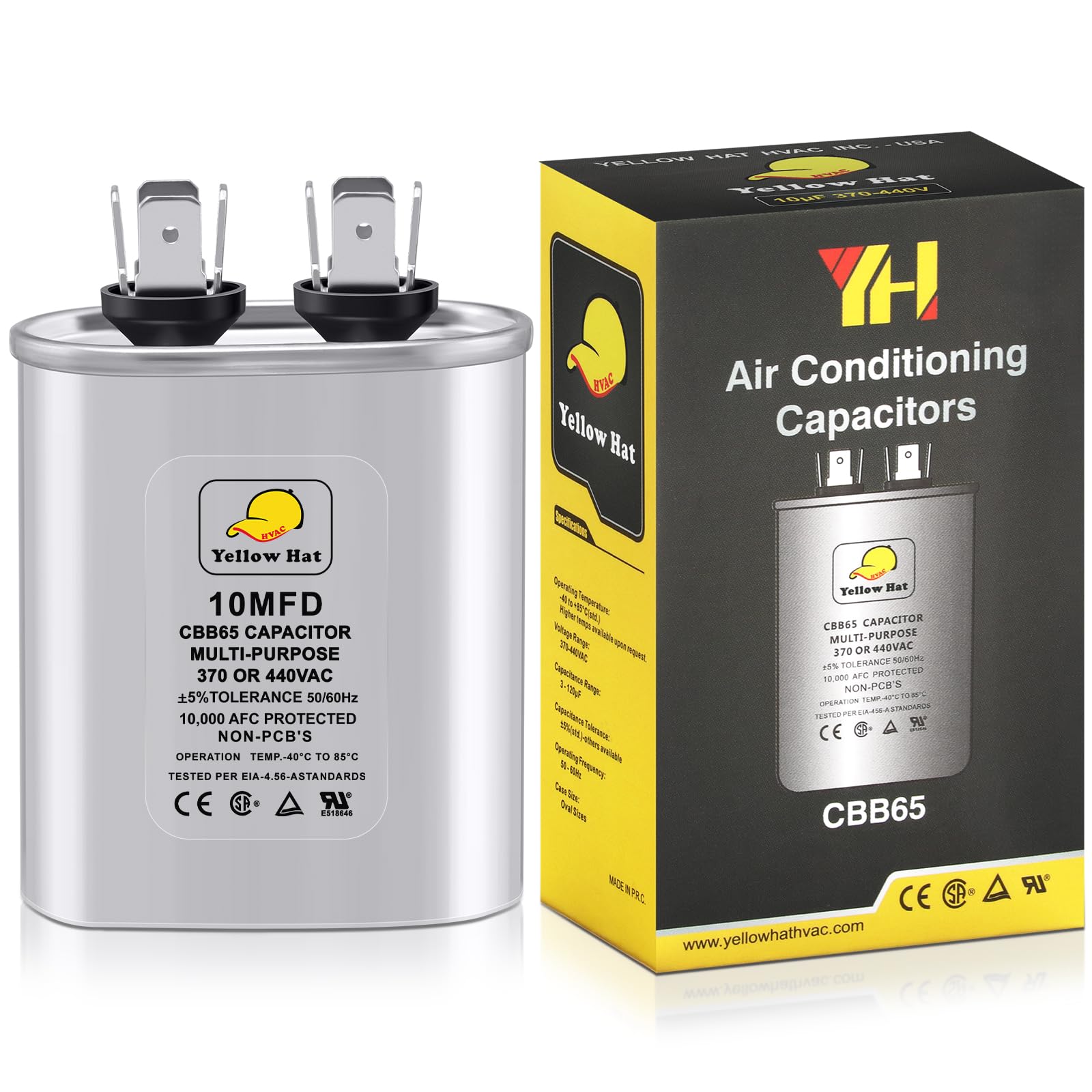 Capacitor for Air Conditioner 10 uf MFD 370 or 440 Volt VAC, CBB65 Multi-Purpose Oval Capacitor for AC Motor Run or Fan Motor Start or Condenser Straight