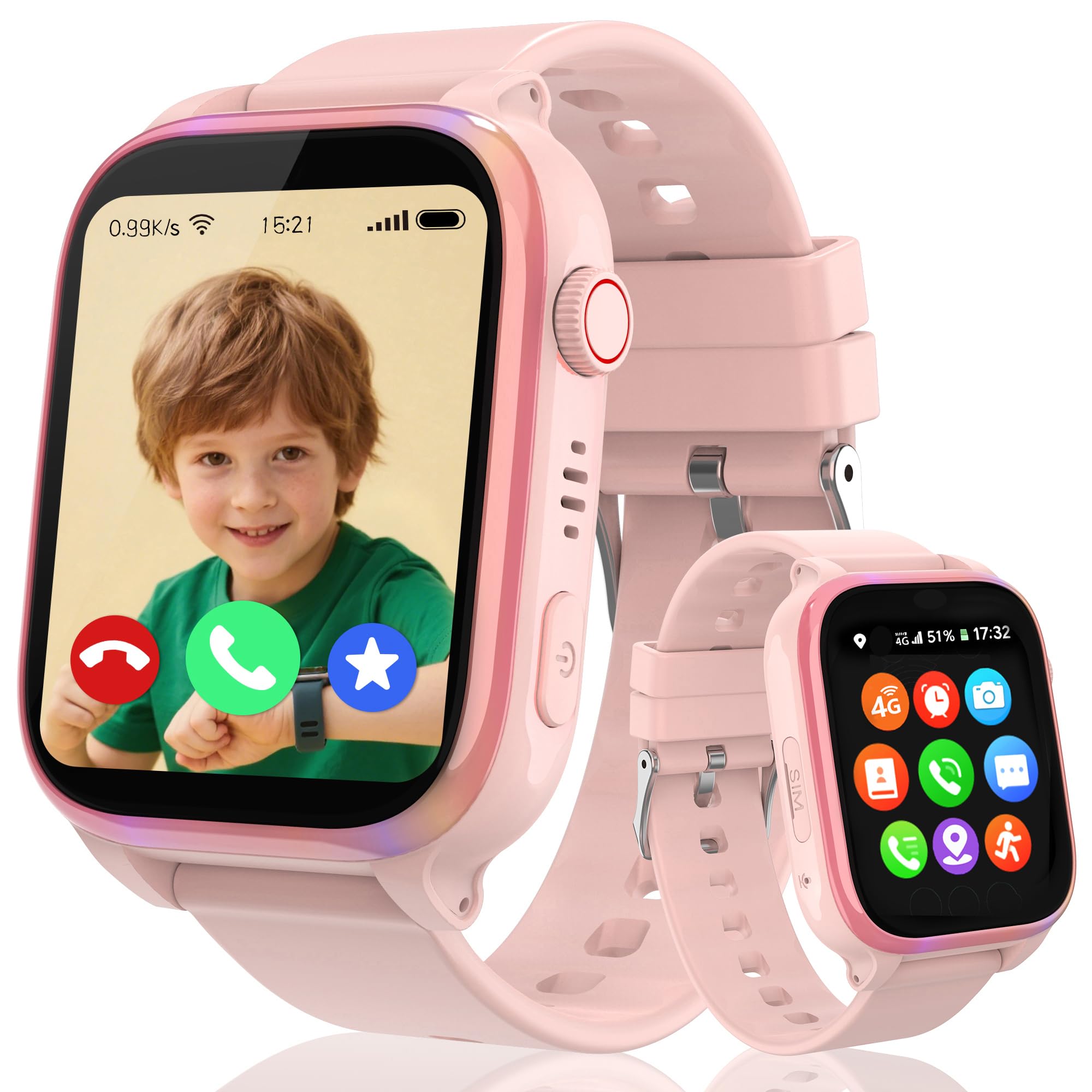 4G Montre Connectée Enfant, Montre GPS Enfant Téléphone avec Appel Vidéo SOS Réveil Appareil Caméra IP68 Mode Scolaire Jeux Chat,Smartwatch Cadeau pour Filles et Garçons (Rose)