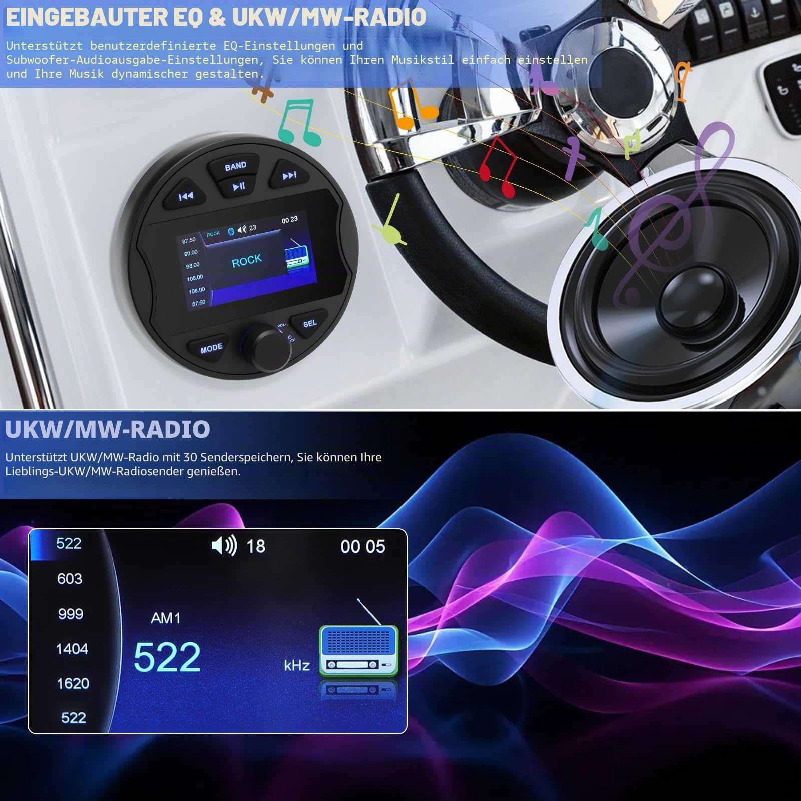 Marine Radio RCA Subwoofer Boot Stereo MP5 Media Player für BT & FM/AM Funktionell, USB IPX6 Wasserdicht für Boote Schiff und Fachgebrauch