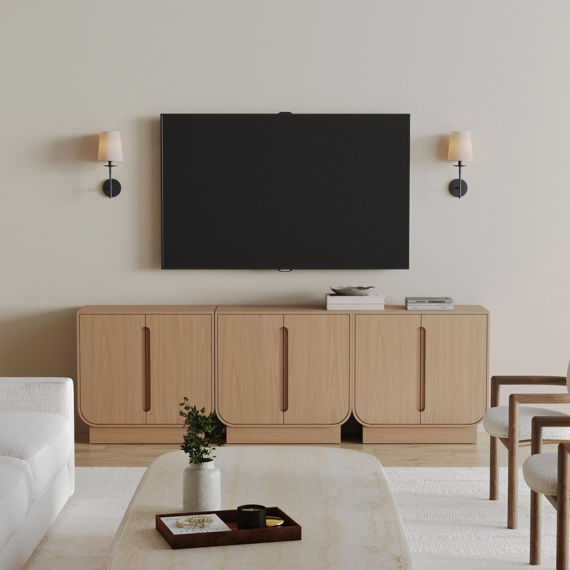 Nathan James Joey Mid Century Modern Storage Cabinet, Arched Accent Cabinet with Rounded Bottom Edges and Integrated Door Pull Cutouts, Raw Oak Set of 3