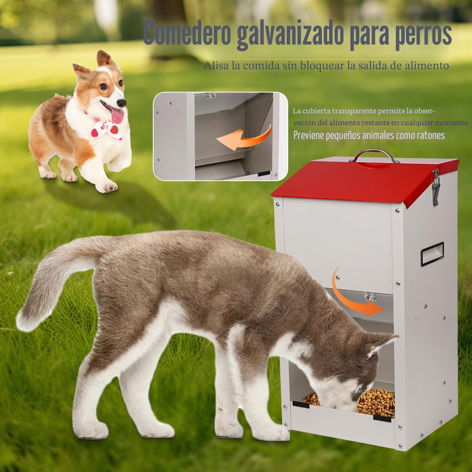 Comedero Automático para Perros, Alimentador para Mascotas de Exterior de 11 Kg, Comedero Galvanizado por Gravedad para Perros de Razas Grandes