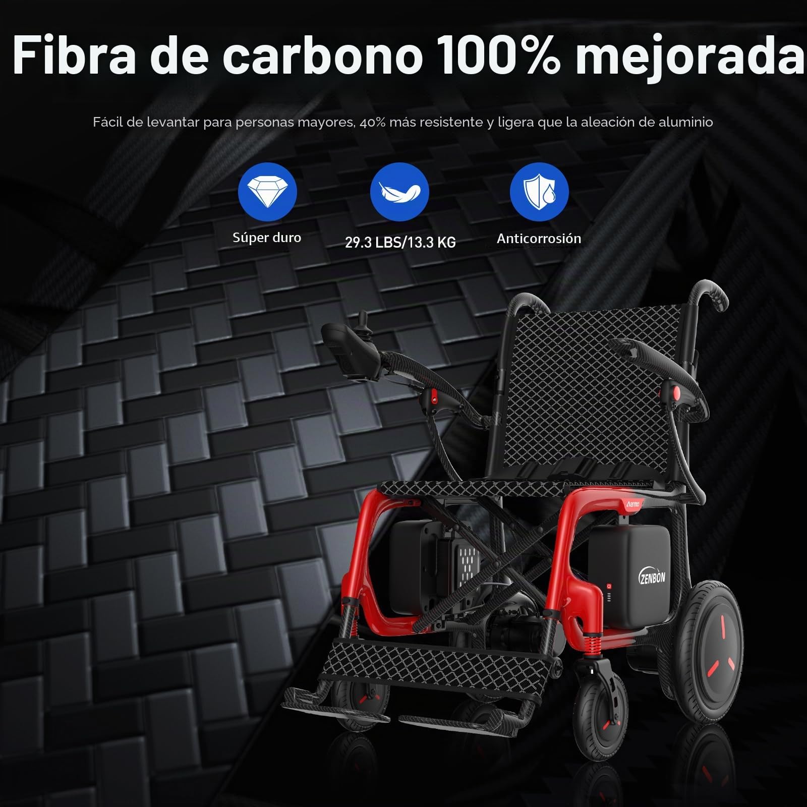 Carbono Silla de Ruedas Eléctrica Plegable Ligera con Doble Pila: 29 km Silla de Ruedas Eléctrica con Neumáticos a Prueba de Pinchazos, Hasta 150kg