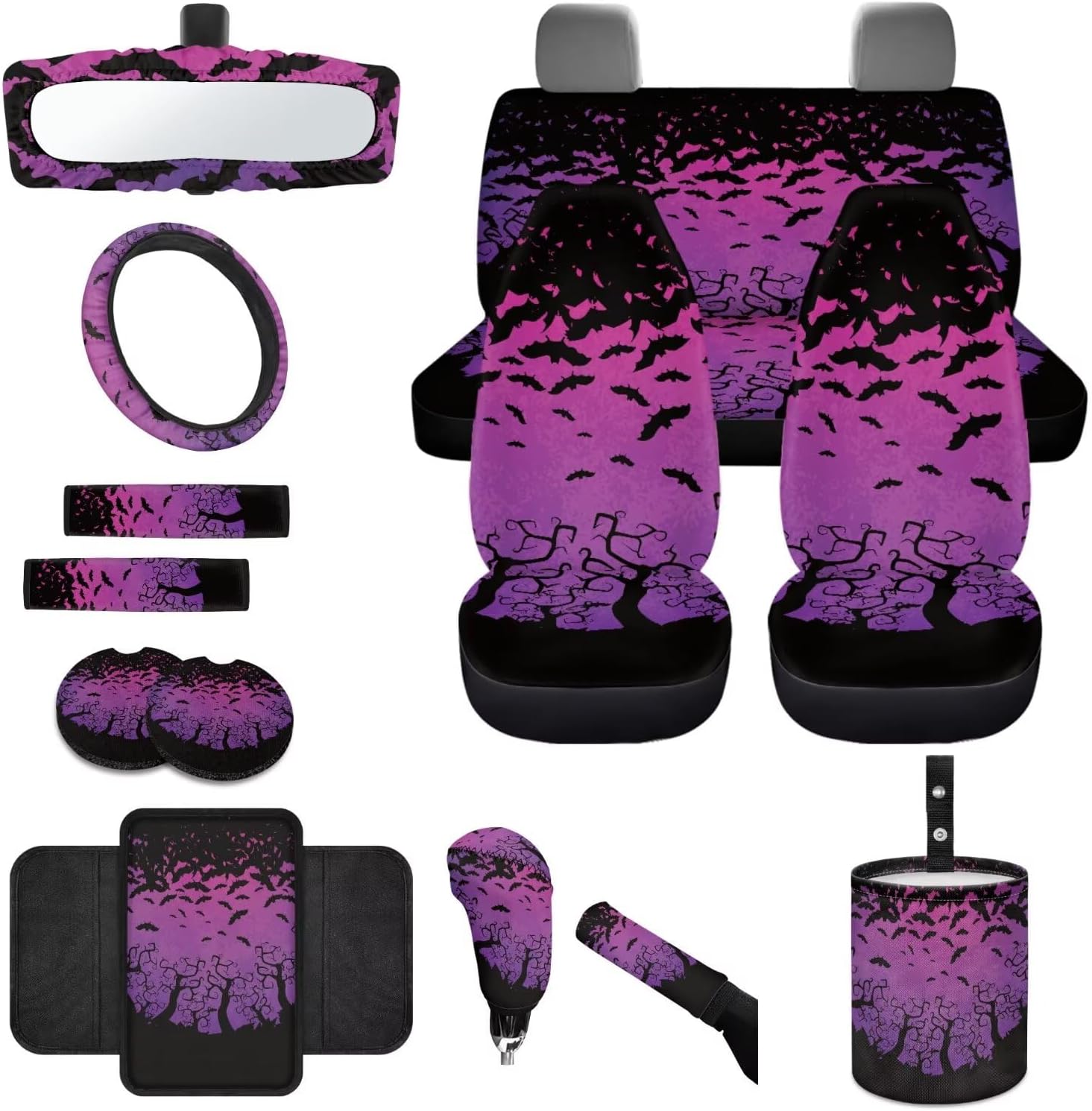 Bat Branch Purple Print Car Accessories Set 14 Pack Car Seat Protector Steering Wheel Trash Can Seat Belt Cover Coaster Center Console Pad Handbrake Cover Rearview Mirror Cover