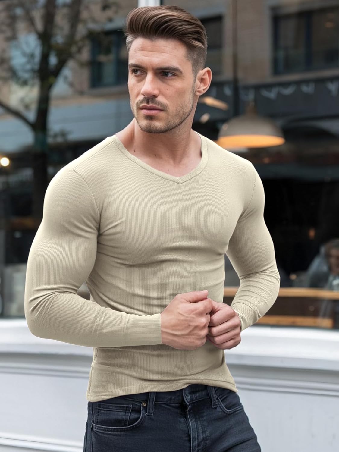 Men's Muscle T-Shirts V Neck Thermal Long Sleeve Tee Casual Ribbed Undershirts - Image 2