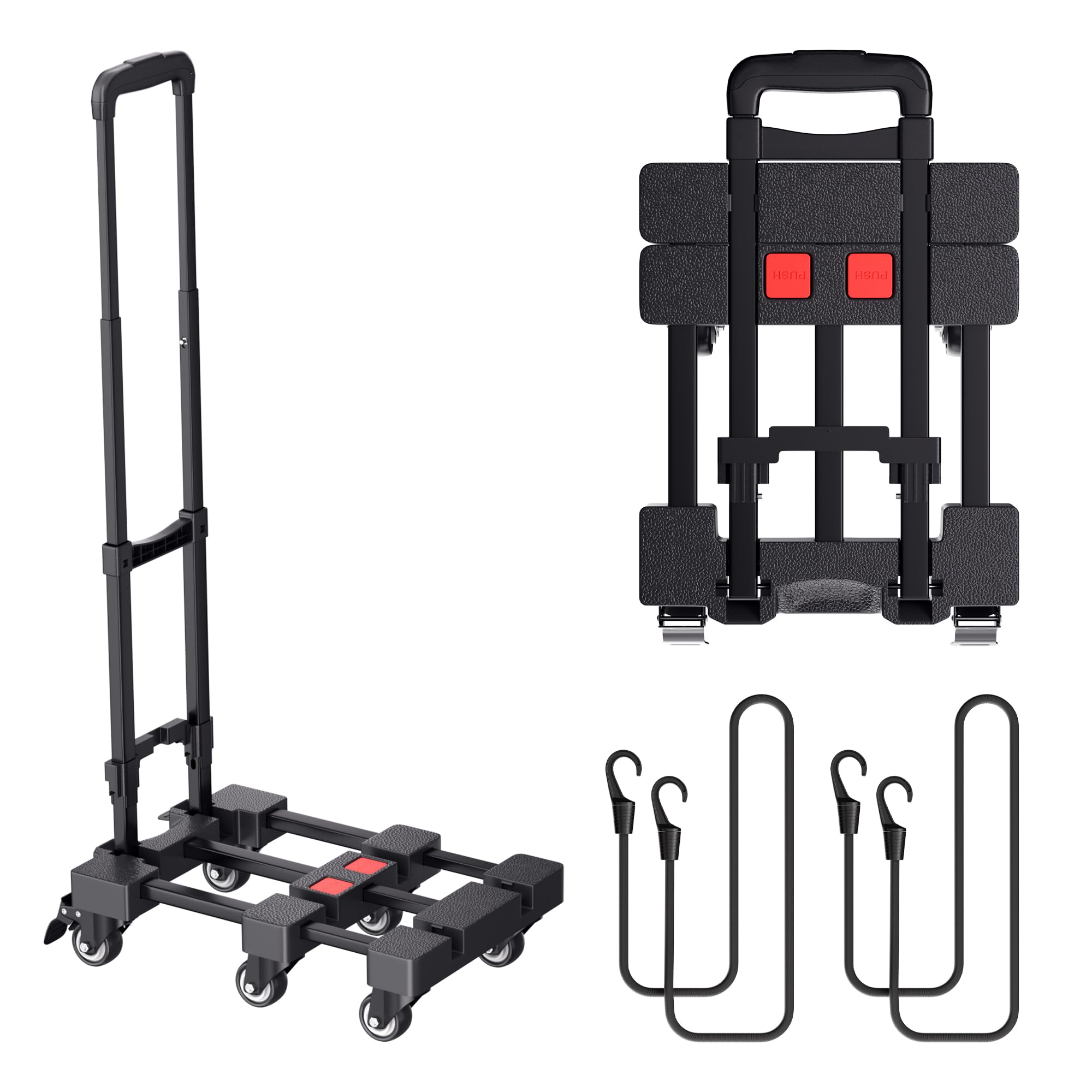 Carro de mano plegable, carrito de equipaje resistente de 500 libras, carrito de plataforma portátil con mango retráctil y 6 ruedas y 2 cuerdas elásticas para equipaje, mudanza, viajes, compras, uso