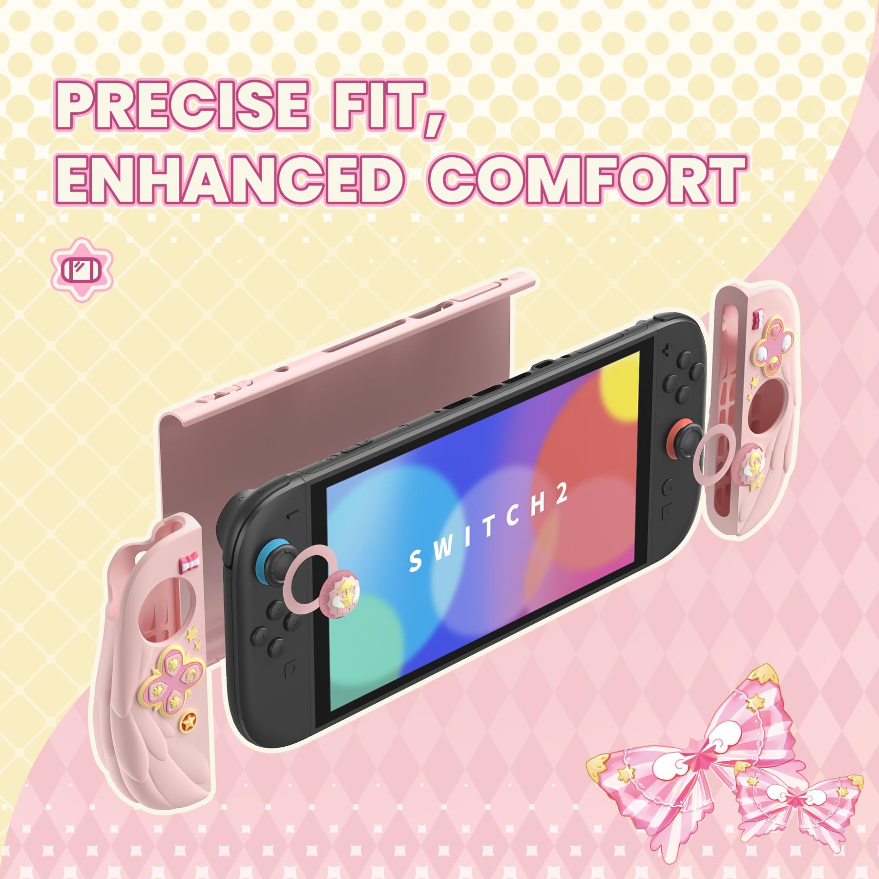 playvital Funda Protectora para Nintendo Switch 2 (2025) - Agarre de Silicona con Carcasa Trasera de PC, Protector con Soporte Plegable y Tapas para Joysticks, Diseño Alas Mágicas (Rosa)