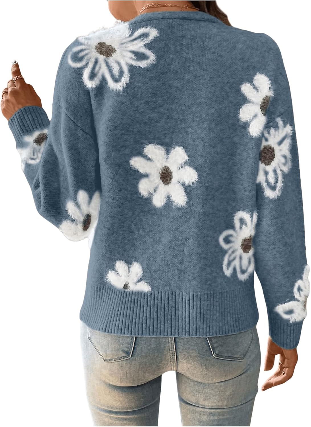 SHENHE Women's Floral Cardigan Sweater Open Front Long Sleeve Button Down Knit Sweater Outerwear - Image 2