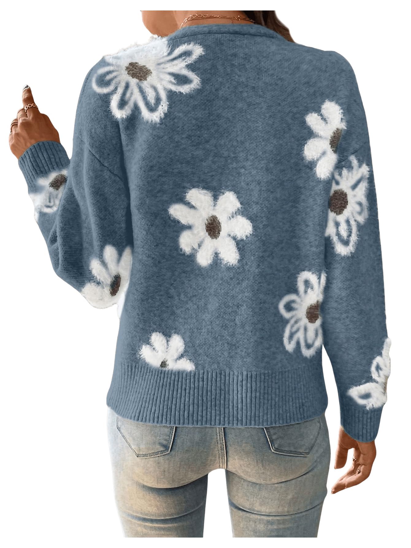 SHENHE Women's Floral Cardigan Sweater Open Front Long Sleeve Button Down Knit Sweater Outerwear