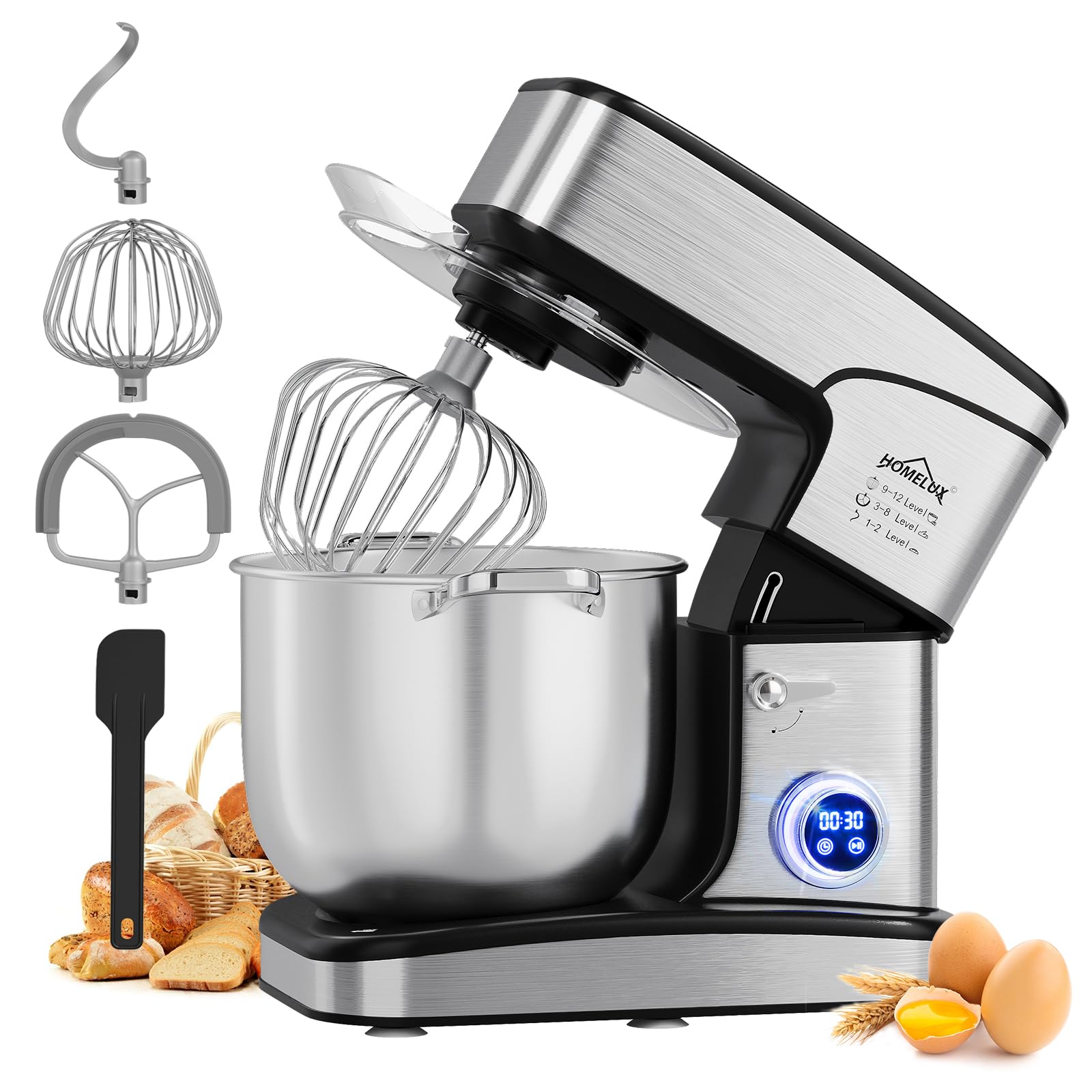 HOMELUX Küchenmaschine 2800W, Knetmaschine mit 16 Liter Edelstahl Schüssel, 12 Geschwindigkeitsstufen, LED-Touchscreen, Rührbesen, Knethaken, Schneebesen, Spatel und Spritzschutz, silberfarben
