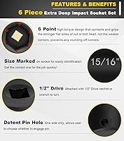 Vista 4 de Juego de dados de impacto de longitud extendida de 1/2 pulgada, juego de 6 piezas de llaves de impacto extra profundas, tamaño hexagonal de 3/4