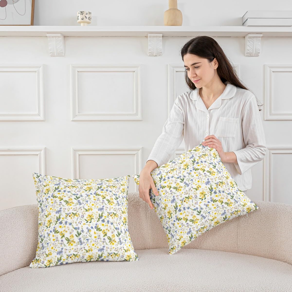 Manfei Rustic Botancil Pillow Cover,Flowers and Leaves Throw Pillow Case Cover for Sofa Bed,Garden Plant Leaf Double Sides Print Cushion Cover Room Decor,2 Pack 22"x 22"