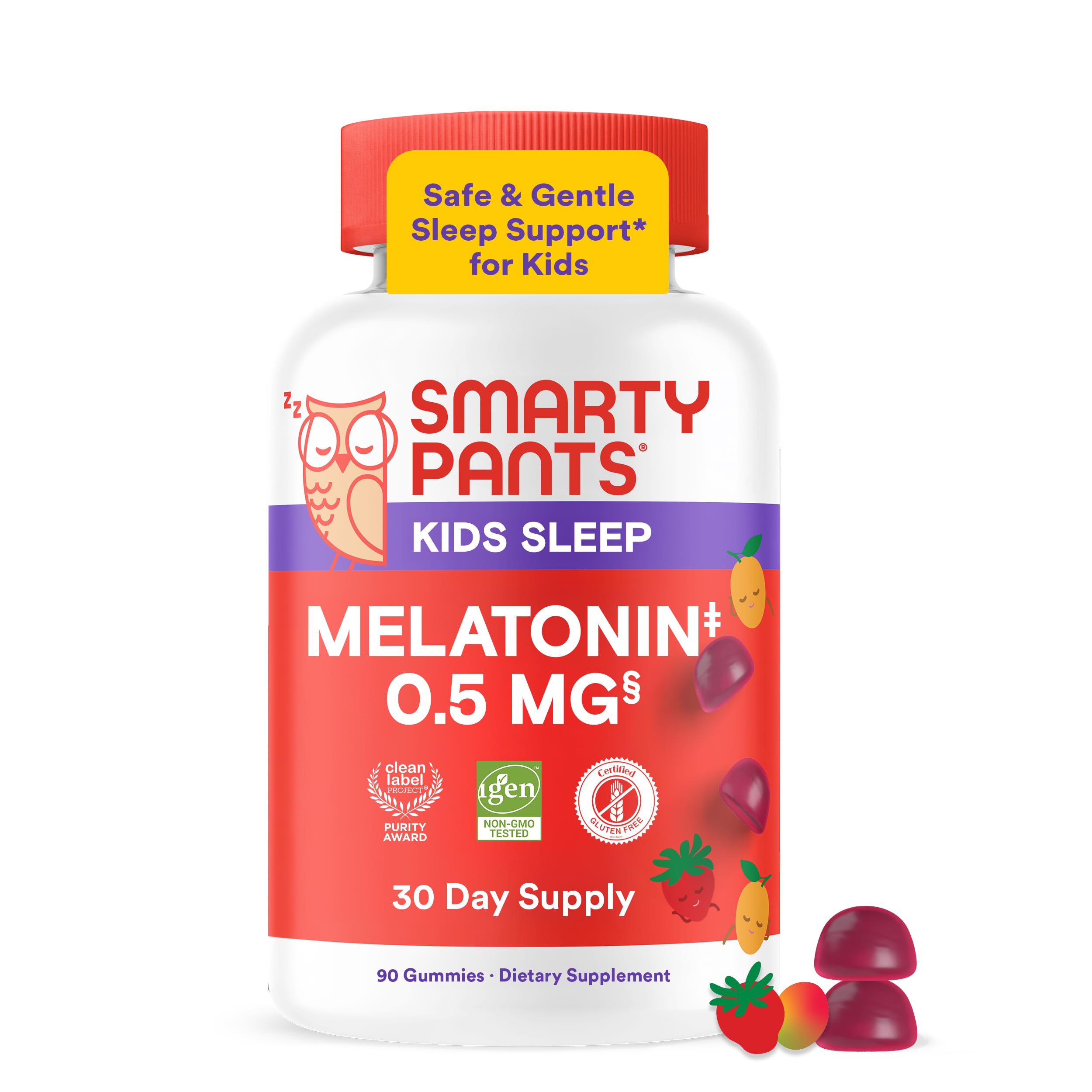 SmartyPants Kids Sleep Melatonin 0.5mg Gummies with Chamomile & Vitamin D3, Gluten Free, Clean Label, Drug Free Sleep Aid, Strawberry Mango Flavor, 60 Gummies (30 Day Supply)