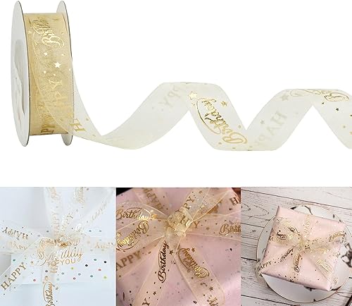 HUIHUANG Rollo de cinta de feliz cumpleaños con estampado dorado, cinta transparente beige, caja de regalo, decoración de fiesta de cumpleaños,