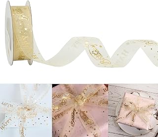 HUIHUANG Happy Birthday Sheer Ribbon Roll 3/4 inch x 20 Yards Gold Print Ivory Organza Birthday Ribbon for Party Decorations Gift Wrapping Cake Wrapping DIY Crafts